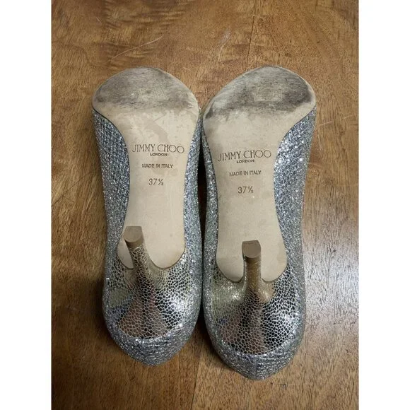 Jimmy Choo Women’s 37.5 ISABEL Champagne Glitter Fabric Open Toe Pump Shoe - Picture 5 of 8